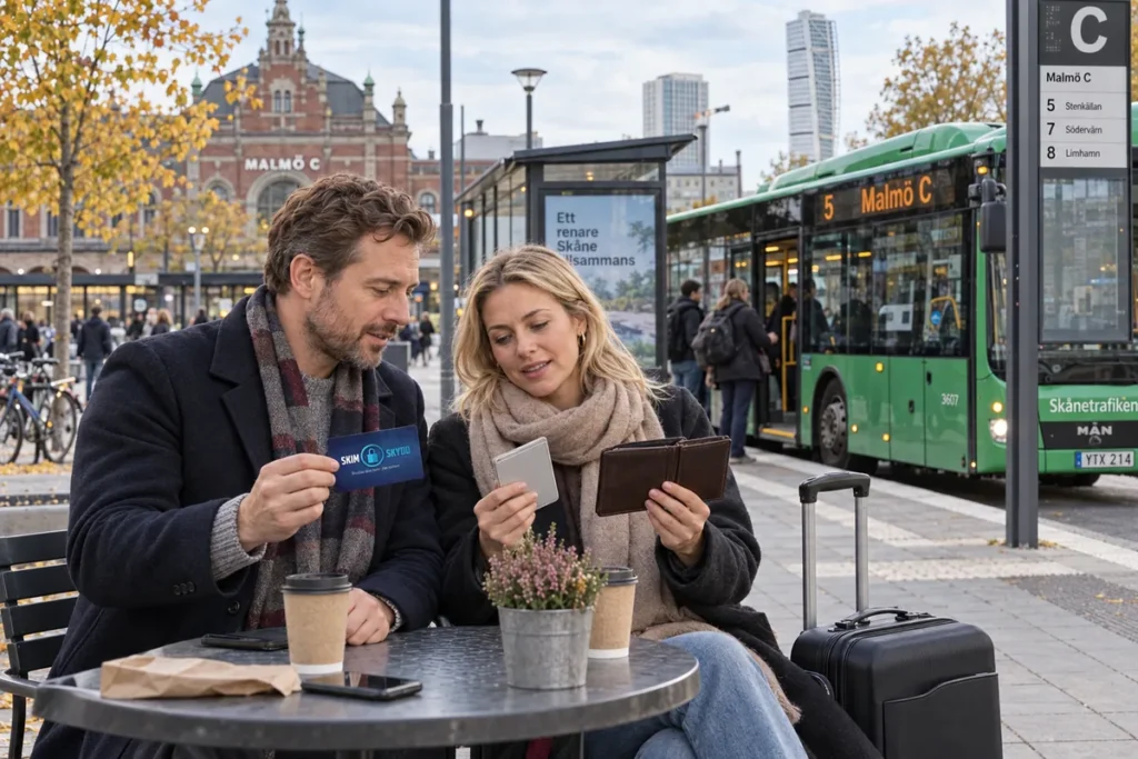 En person jämför kortförvaring på en uteservering vid en busshållplats i Malmö