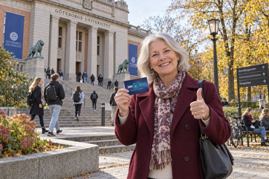 En person visar ett SkimSkydd RFID-skyddskort och gör tummen upp utanför Göteborgs universitet i Vasaparken