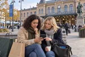 En person granskar korttransaktioner i mobilen utanför Göteborgs centralstation