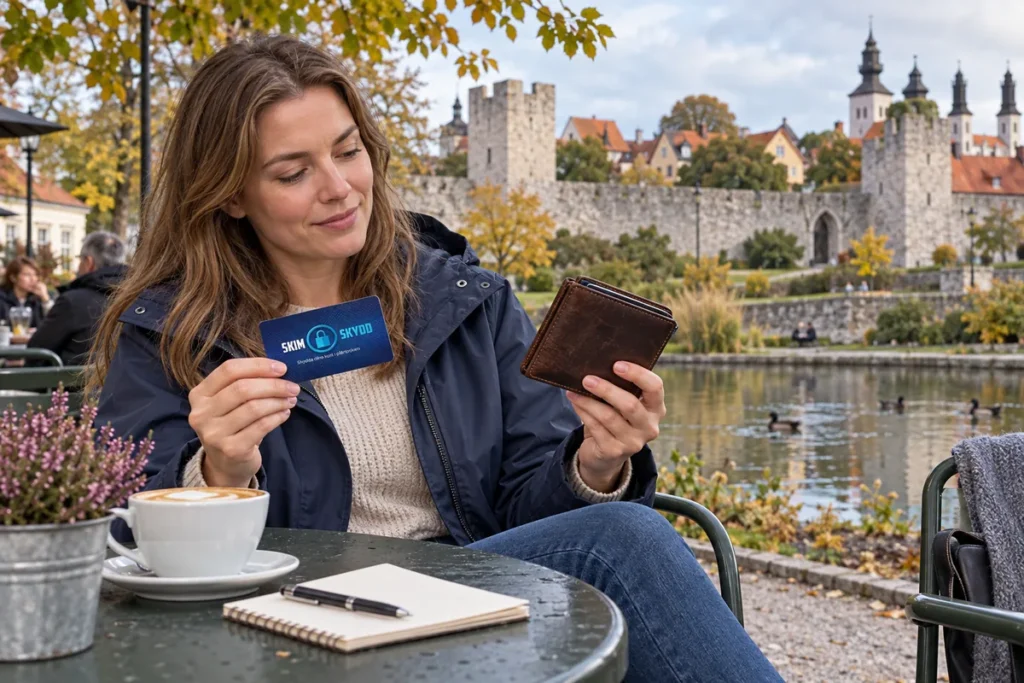 SkimSkydd RFID-skyddskort och plånbok i en vardagsscen utomhus vid Almedalen i Visby