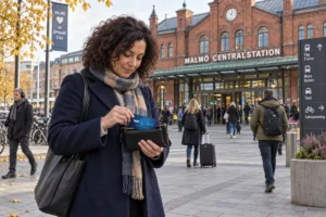 En person ordnar ett SkimSkydd RFID-skyddskort och bankkort i plånboken utanför Malmö centralstation