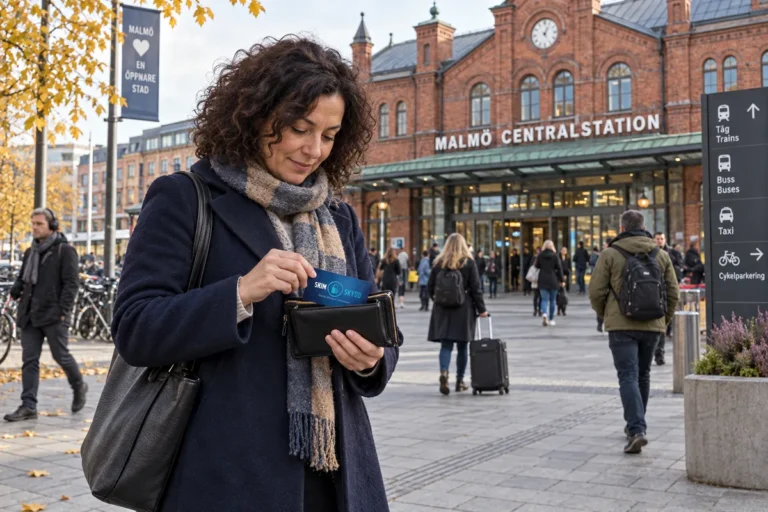 En person ordnar ett SkimSkydd RFID-skyddskort och bankkort i plånboken utanför Malmö centralstation