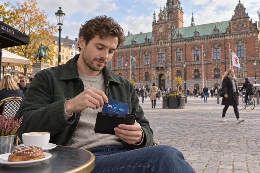 En person ordnar ett SkimSkydd RFID-skyddskort och bankkort i plånboken på Stortorget i Malmö