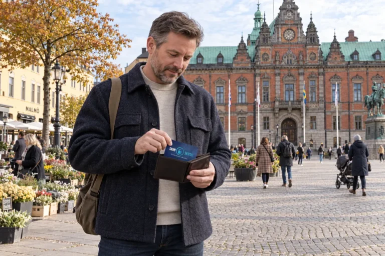 En person ordnar ett SkimSkydd RFID-skyddskort och bankkort i plånboken på Stortorget i Malmö