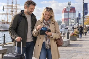 En person ordnar ett SkimSkydd RFID-skyddskort och bankkort i plånboken vid Lilla Bommen i Göteborg