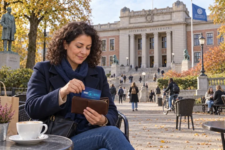 En person ordnar ett SkimSkydd RFID-skyddskort och bankkort i plånboken utanför Göteborgs universitet i Vasaparken