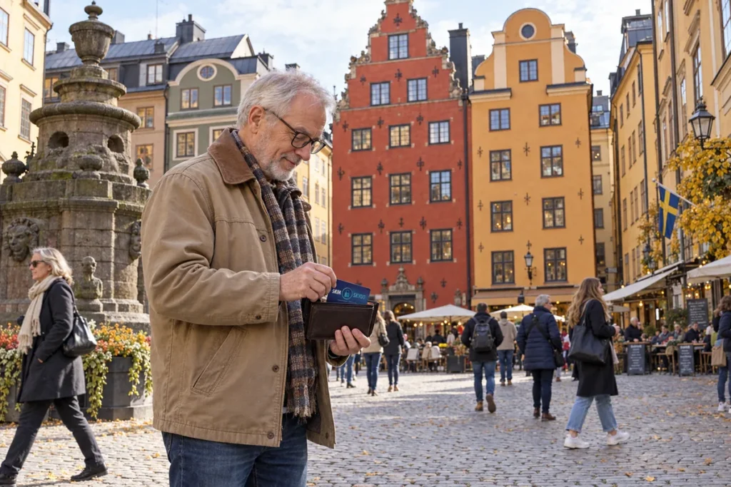 En person ordnar ett SkimSkydd RFID-skyddskort och bankkort i plånboken på Stortorget i Stockholm