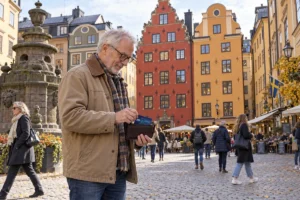 En person ordnar ett SkimSkydd RFID-skyddskort och bankkort i plånboken på Stortorget i Stockholm