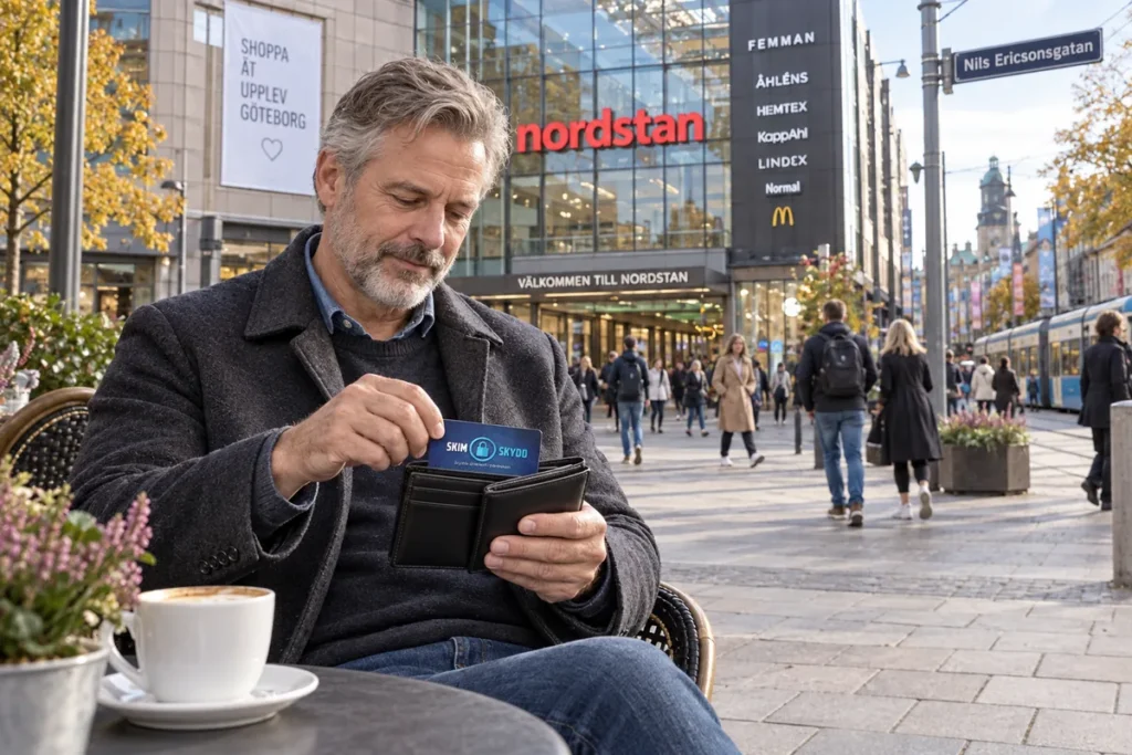 En person ordnar ett SkimSkydd RFID-skyddskort och bankkort i plånboken utanför Femman i Göteborg
