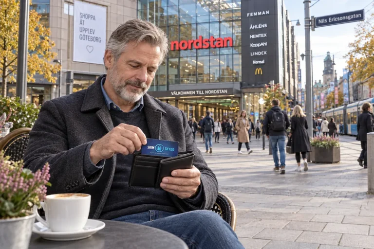 En person ordnar ett SkimSkydd RFID-skyddskort och bankkort i plånboken utanför Femman i Göteborg