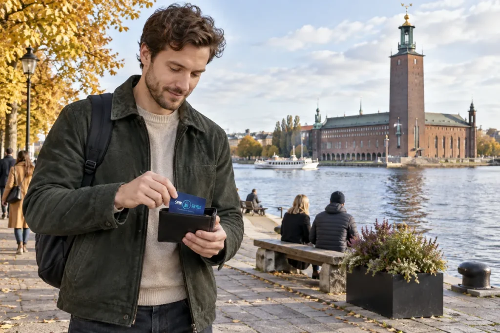 En person ordnar ett SkimSkydd RFID-skyddskort och bankkort i plånboken vid Stockholms stadshus