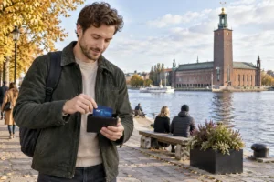 En person ordnar ett SkimSkydd RFID-skyddskort och bankkort i plånboken vid Stockholms stadshus