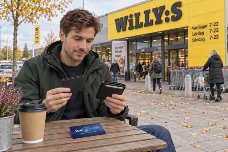 En person jämför kortförvaring på en uteservering utanför en Willys-butik i Sverige