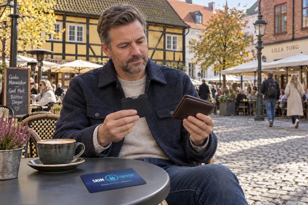 En person jämför kortförvaring på en uteservering på Lilla torg i Malmö