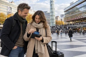 En person ordnar ett SkimSkydd RFID-skyddskort och bankkort i plånboken vid Sergels torg i Stockholm