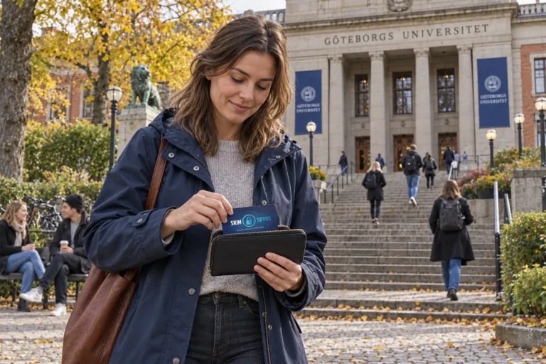 En person ordnar ett SkimSkydd RFID-skyddskort och bankkort i plånboken utanför Göteborgs universitet i Vasaparken