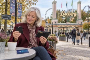 En person jämför kortförvaring på en uteservering utanför Lisebergs entré i Göteborg