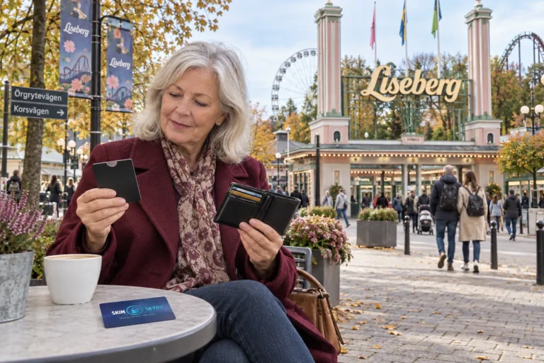 En person jämför kortförvaring på en uteservering utanför Lisebergs entré i Göteborg