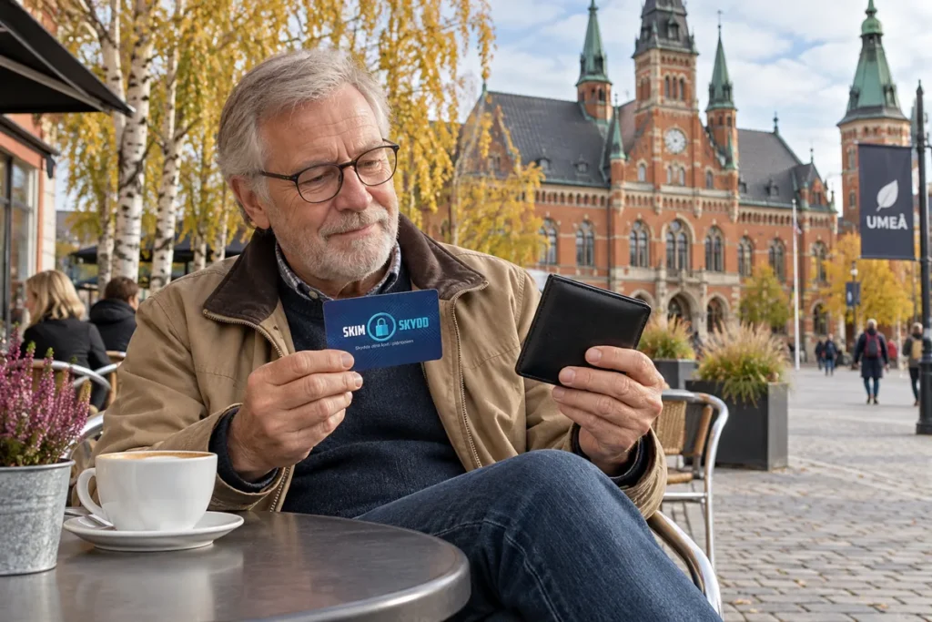 SkimSkydd RFID-skyddskort och plånbok i en vardagsscen utomhus vid Rådhustorget i Umeå
