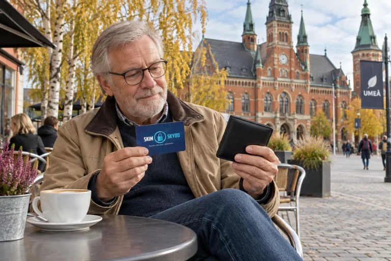 SkimSkydd RFID-skyddskort och plånbok i en vardagsscen utomhus vid Rådhustorget i Umeå