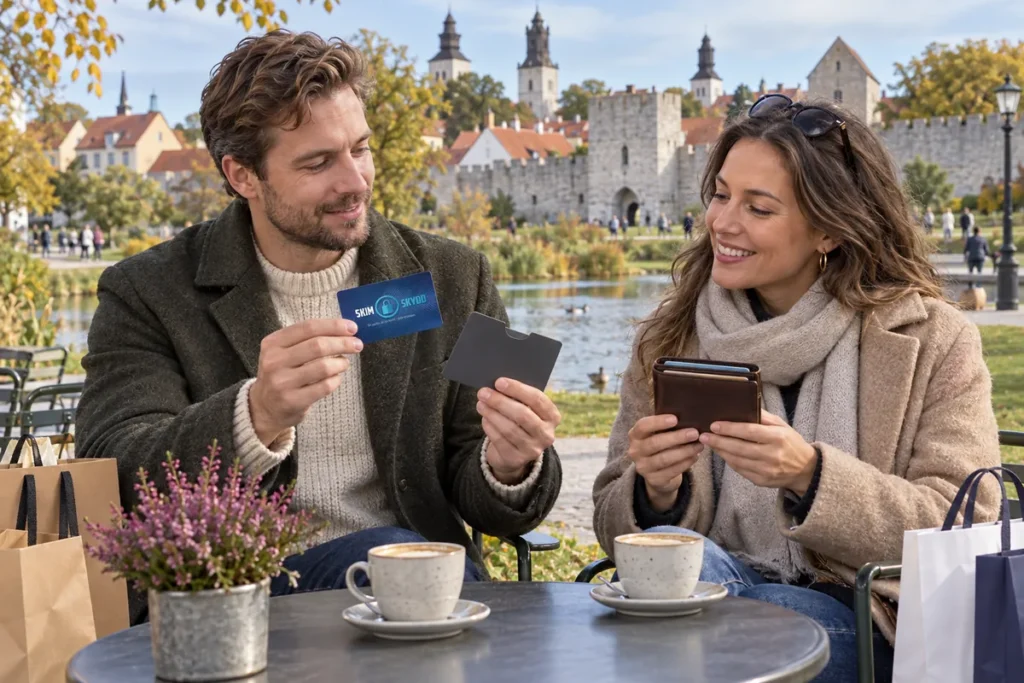 SkimSkydd RFID-skyddskort och plånbok i en vardagsscen utomhus vid Almedalen i Visby