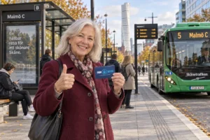 En person visar ett SkimSkydd RFID-skyddskort och gör tummen upp vid en busshållplats i Malmö