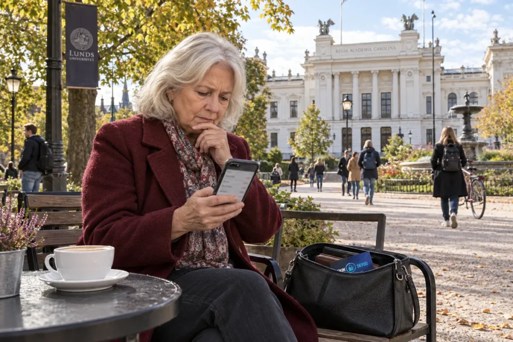 En person granskar korttransaktioner i mobilen i Lundagård vid Lunds universitet