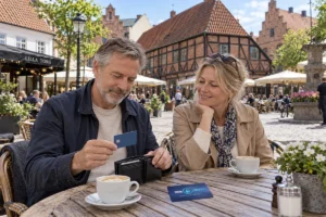 En person ordnar ett SkimSkydd RFID-skyddskort och bankkort i plånboken på Lilla torg i Malmö