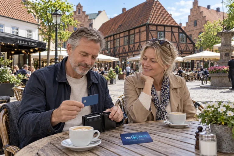 En person ordnar ett SkimSkydd RFID-skyddskort och bankkort i plånboken på Lilla torg i Malmö
