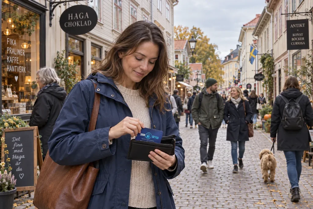 En person ordnar ett SkimSkydd RFID-skyddskort och bankkort i plånboken på Haga Nygata i Göteborg