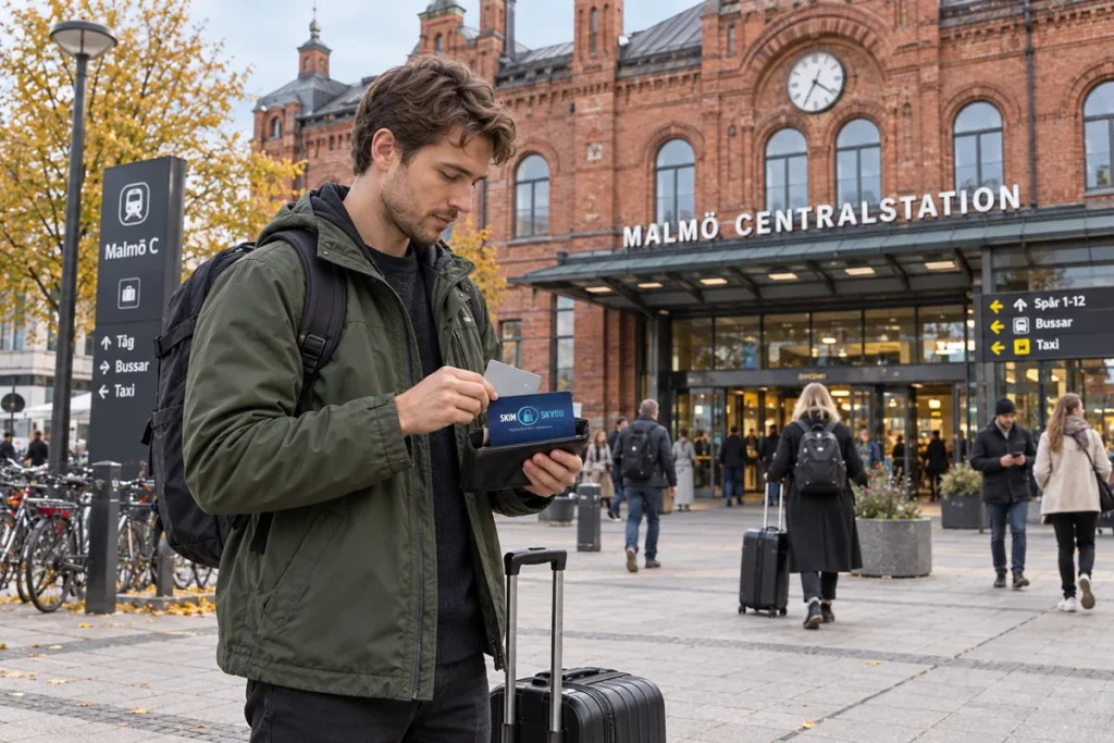 En resenär ordnar korten i plånboken utanför Malmö centralstation