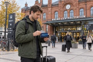 En resenär ordnar korten i plånboken utanför Malmö centralstation