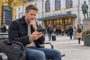 En person granskar korttransaktioner i mobilen utanför Stockholms centralstation
