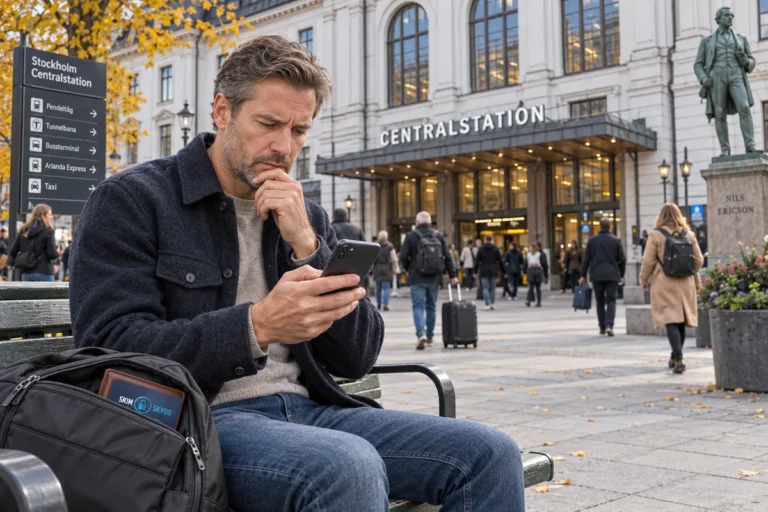 En person granskar korttransaktioner i mobilen utanför Stockholms centralstation
