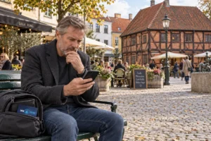 En person granskar korttransaktioner i mobilen på Lilla torg i Malmö