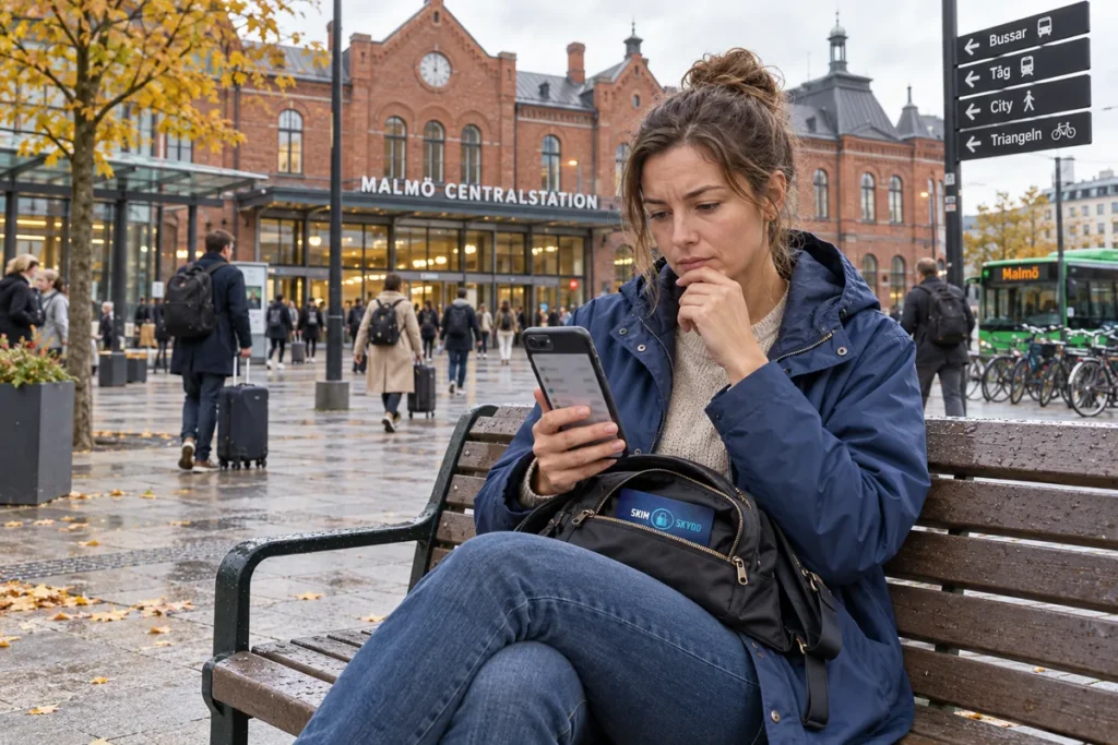 En person granskar korttransaktioner i mobilen utanför Malmö centralstation