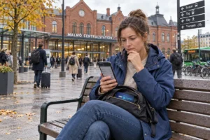 En person granskar korttransaktioner i mobilen utanför Malmö centralstation