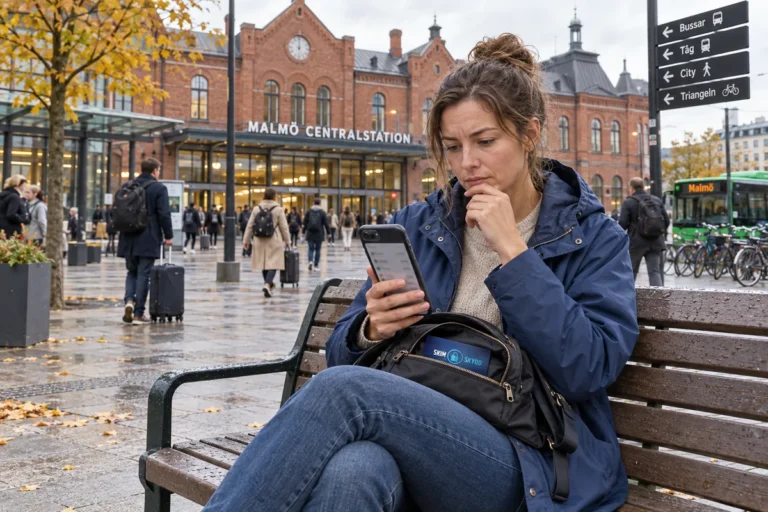 En person granskar korttransaktioner i mobilen utanför Malmö centralstation