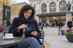 En person ordnar ett SkimSkydd RFID-skyddskort och bankkort i plånboken utanför Stockholms centralstation