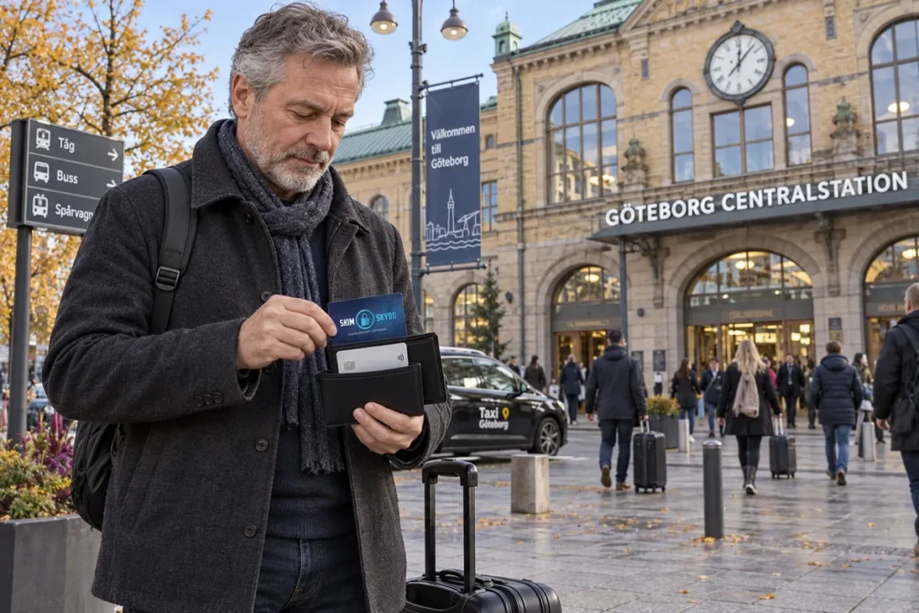 En resenär ordnar korten i plånboken utanför Göteborgs centralstation
