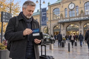 En resenär ordnar korten i plånboken utanför Göteborgs centralstation