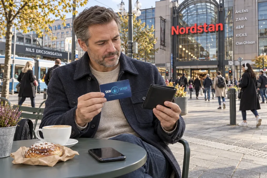En person jämför kortförvaring på en uteservering utanför Femman i Göteborg