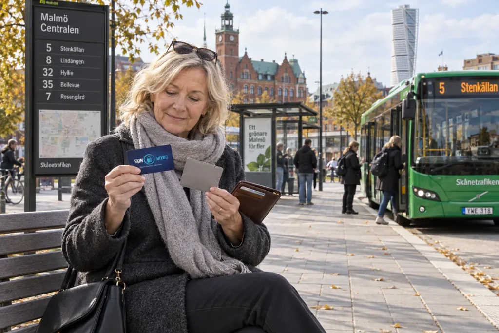 En person jämför kortförvaring på en uteservering vid en busshållplats i Malmö