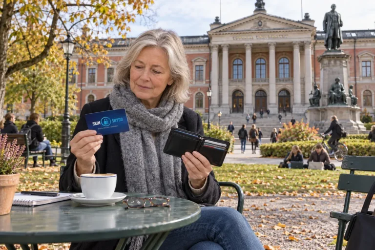 En person jämför kortförvaring på en uteservering vid Uppsala universitets huvudbyggnad