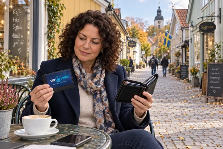 SkimSkydd RFID-skyddskort och plånbok i en vardagsscen utomhus vid Stora gatan i Sigtuna