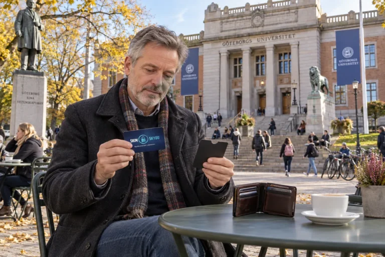En person jämför kortförvaring på en uteservering utanför Göteborgs universitet i Vasaparken