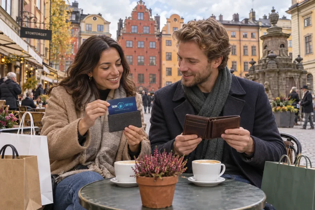 En person jämför kortförvaring på en uteservering på Stortorget i Stockholm