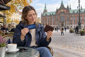 En person jämför kortförvaring på en uteservering på Stortorget i Malmö