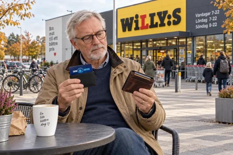 En person jämför kortförvaring på en uteservering utanför en Willys-butik i Sverige