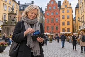 En person ordnar ett SkimSkydd RFID-skyddskort och bankkort i plånboken på Stortorget i Stockholm